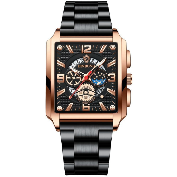 BINBONG B6575 Men Vintage Square Multifunctional Waterproof Luminous Quartz Watch, Black-Rose Gold-Black-Rose, Black-Black-Black-White, Black-Black-Black-Rose, Full Gold-Black, White-Black, Brown Leather-Rose Gold-Black, Black Leather-Rose Gold-Black