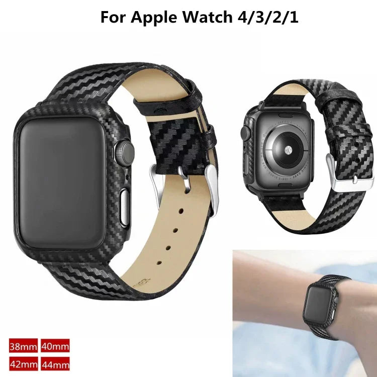 真皮碳纖維錶帶 + 錶框，適用於 Apple Watch Series 3 & 2 & 1 42mm，Apple Watch Series 3 & 2 & 1 42mm