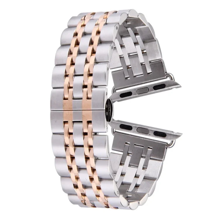 隱藏式蝴蝶扣 7 珠不鏽鋼錶帶，適用於 Apple Watch 42mm（銀色金色），20mm 女款