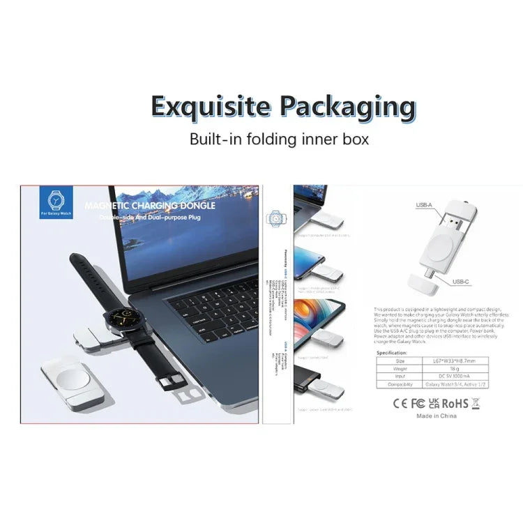 U8S USB / Type-C 磁吸無線充電器 快充 適用於 Samsung Watch 3 / 4、4 Classic、Active 1 / 2