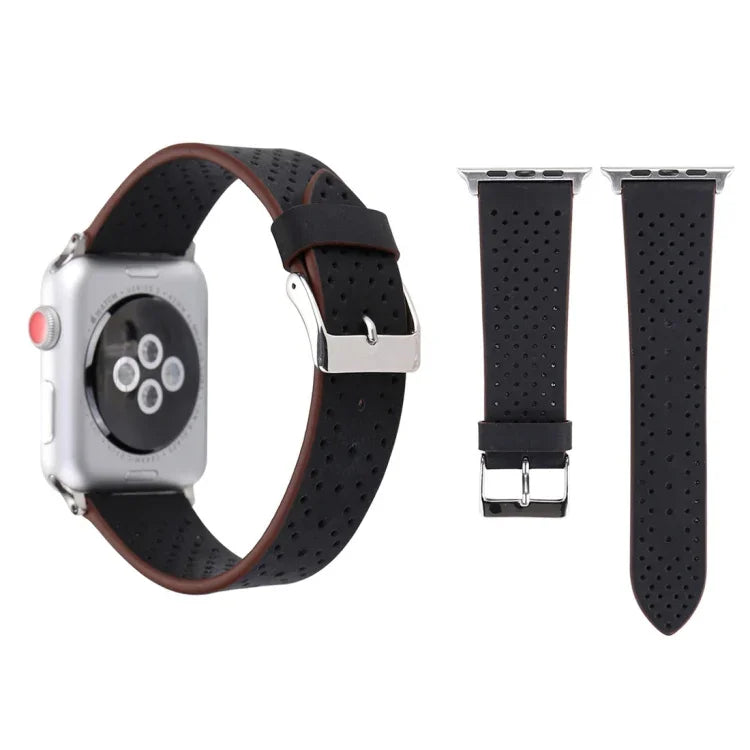 適用於 Apple Watch Series 10 42mm / 9&8&7 41mm / SE 3&SE 2&6&SE&5&4 40mm / 3&2&1 38mm 簡約時尚真皮打孔錶帶，38mm