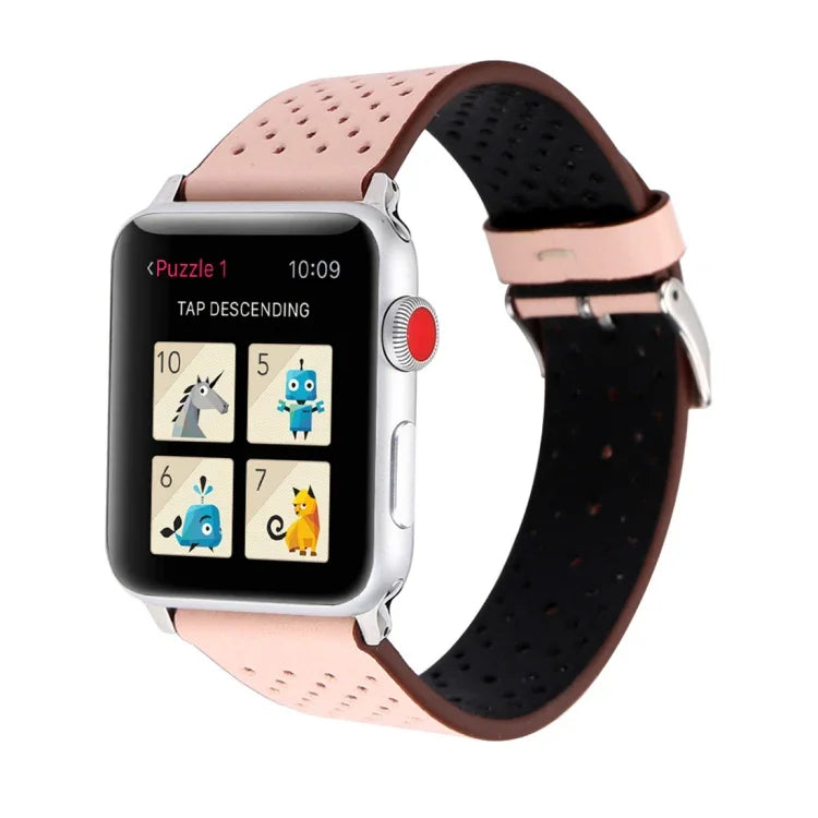 適用於 Apple Watch Series 10 42mm / 9&8&7 41mm / SE 3&SE 2&6&SE&5&4 40mm / 3&2&1 38mm 簡約時尚真皮打孔錶帶，38mm