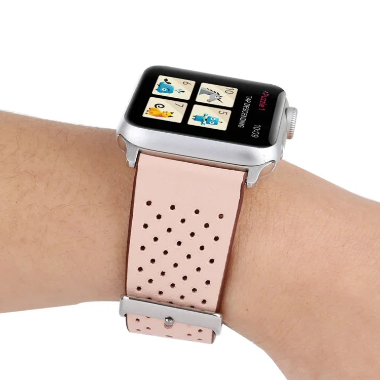 適用於 Apple Watch Series 10 42mm / 9&8&7 41mm / SE 3&SE 2&6&SE&5&4 40mm / 3&2&1 38mm 簡約時尚真皮打孔錶帶，38mm