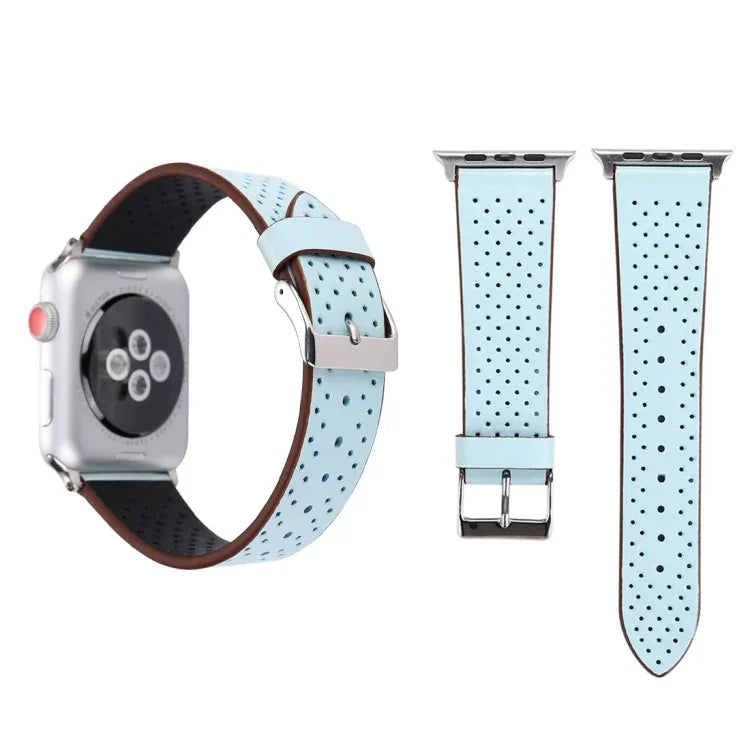 適用於 Apple Watch Series 10 42mm / 9&8&7 41mm / SE 3&SE 2&6&SE&5&4 40mm / 3&2&1 38mm 簡約時尚真皮打孔錶帶，38mm