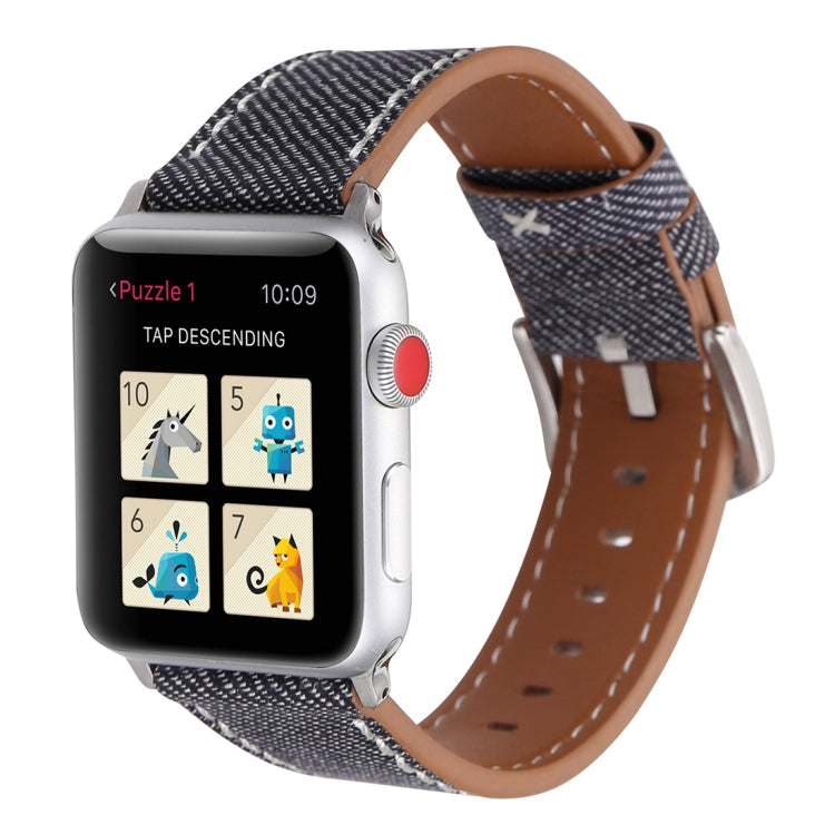 適用 Apple Watch Ultra 49mm & Watch Ultra 2 49mm / Series 10 46mm / 9&8&7 45mm / SE 3&SE 2&6&SE&5&4 44mm / 3&2&1 42mm 簡約時尚真皮牛仔圖案錶帶，42mm