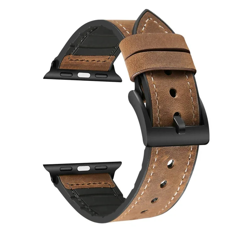 瘋馬紋 TPU + 不鏽鋼錶帶，適用於 Apple Watch Series 7 45mm / 6 & SE & 5 & 4 44mm / 3 & 2 & 1 42mm，44mm