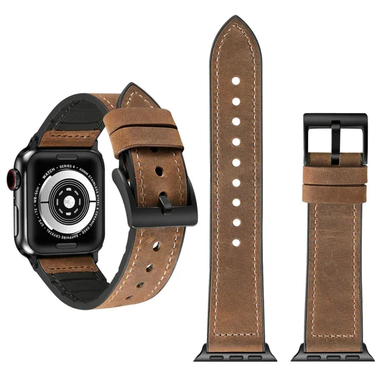 瘋馬紋 TPU + 不鏽鋼錶帶，適用於 Apple Watch Series 7 41mm / 6 & SE & 5 & 4 40mm / 3 & 2 & 1 38mm，40mm