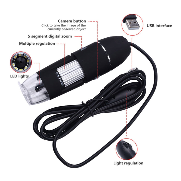 1000X 放大鏡 0.3MP 影像感測器 USB 數位顯微鏡，配 8 顆 LED 燈及專業支架，1000X