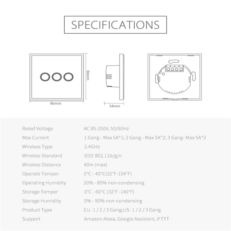 NEO NAS-SC03W 無線 WiFi 歐盟智能燈控開關 3 路，3 路