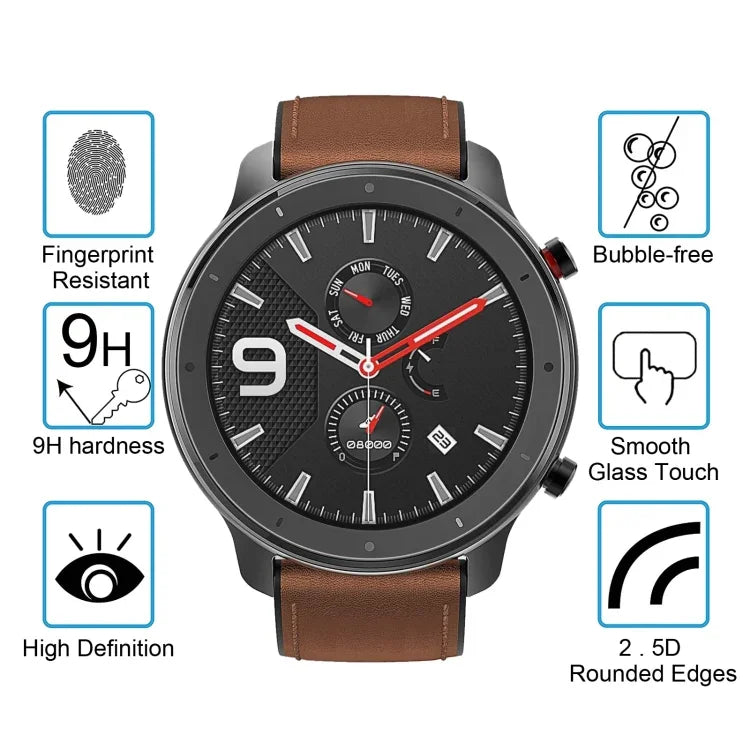 適用於 Amazfit GTR 47mm 0.26mm 2.5D 9H 鋼化玻璃螢幕保護貼，適用於 Amazfit GTR 47mm