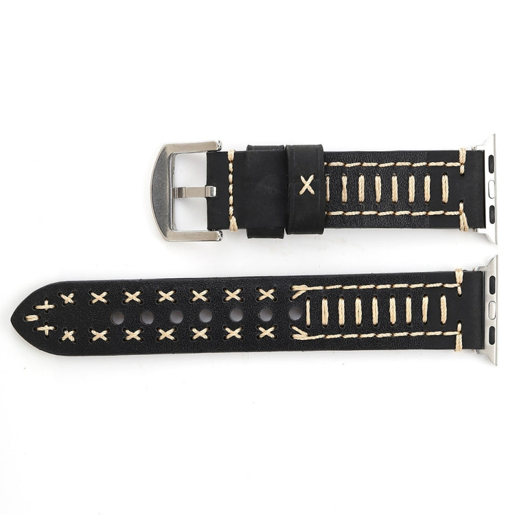 適用於 Apple Watch Ultra 49mm&Watch Ultra 2 49mm / Series 10 46mm / 9&8&7 45mm / SE 3&SE 2&6&SE&5&4 44mm / 3&2&1 42mm 手工線條紋真皮手錶帶，適用於 42mm