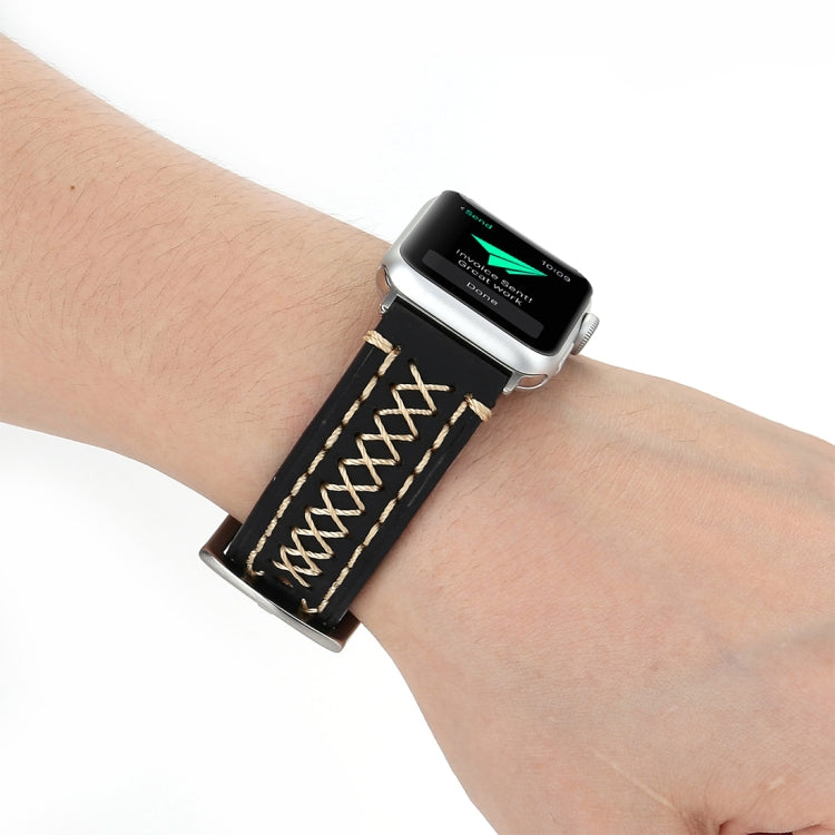 適用於 Apple Watch Ultra 49mm&Watch Ultra 2 49mm / Series 10 46mm / 9&8&7 45mm / SE 3&SE 2&6&SE&5&4 44mm / 3&2&1 42mm 手工線條紋真皮手錶帶，適用於 42mm