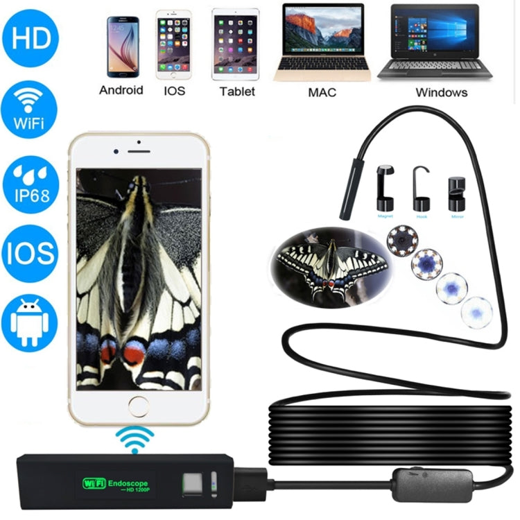 YPC110 8mm 2.0MP HD Camera WiFi Endoscope Snake Tube Inspection Camera with 8 LED, Waterproof IP68, Lens Diameter: 8mm, Length: 5m, Soft Line, 5m Soft Line