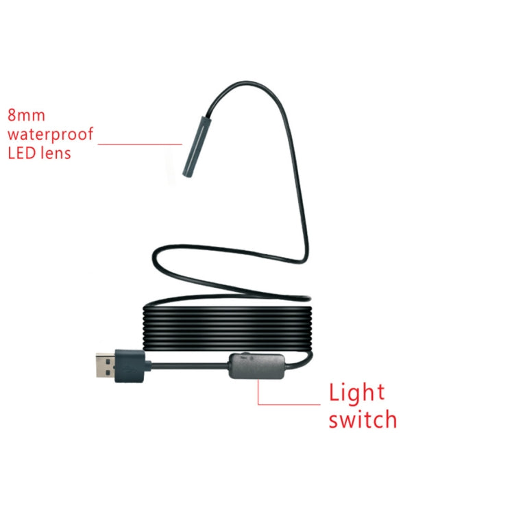 YPC110 8mm 2.0MP 高清攝影機 WiFi 內視鏡蛇管檢查攝影機，配 8 顆 LED，防水 IP68，鏡頭直徑：8mm，長度：5m 軟線，5m 軟線
