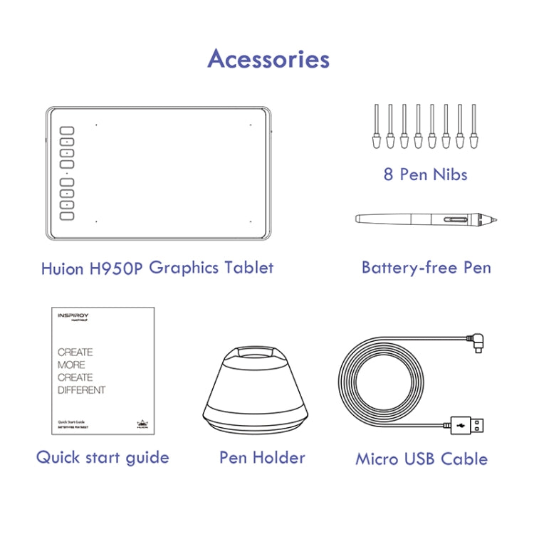 HUION Inspiroy 系列 H950P 5080LPI 專業藝術 USB 繪圖板，適用 Windows / Mac OS，附無電池筆