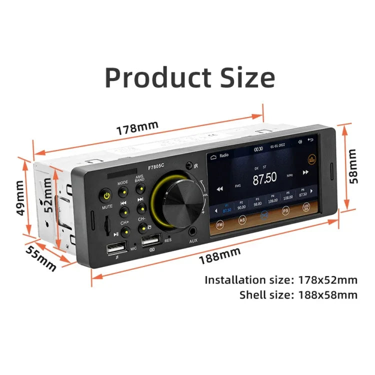 4 吋 800x480P 汽車收音機 MP5 播放器，支援 FM、藍牙及 SD 卡，附遙控器，F7805C