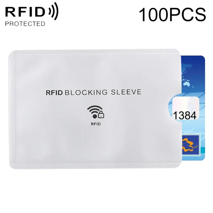 100 個鋁箔防盜 RFID 阻隔護套卡片保護套，尺寸：9.1*6.3cm，RFID 阻隔護套 100 個