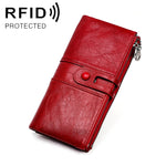 3520 長款牛皮皮革摺疊防磁 RFID 女士錢包，帶卡槽，3520 紅色，3520 黃褐色，3520 黑色，3520 咖啡色，3520 藍色