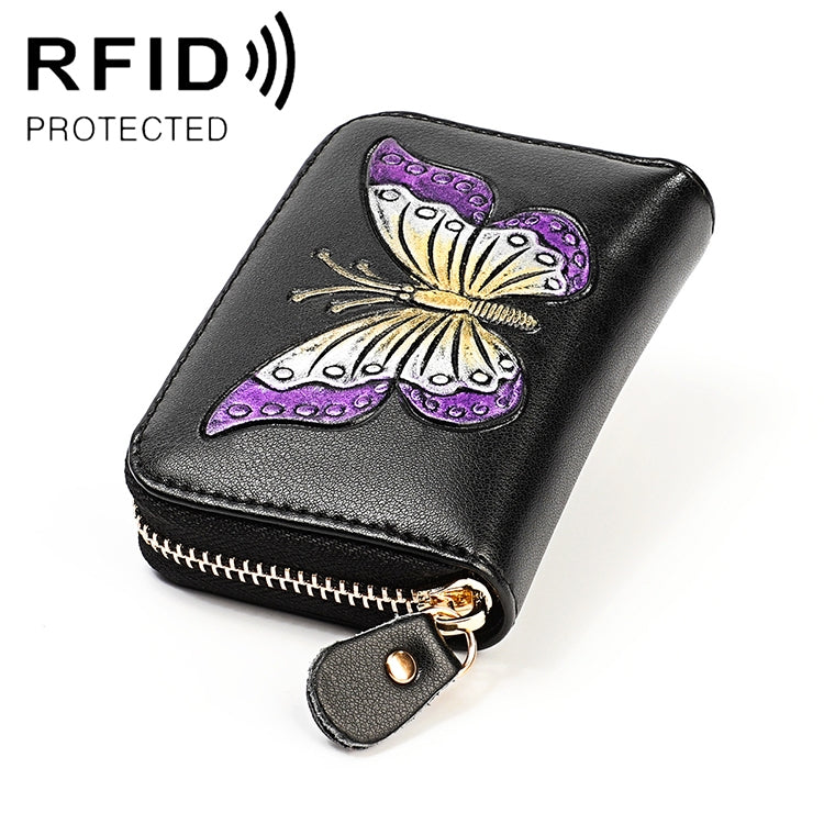 KB152 蝴蝶圖案拉鍊牛皮皮革器官形狀多卡槽防磁 RFID 女士錢包，KB152 顏色，KB152 藍色，KB152 紫色，KB152 銀色