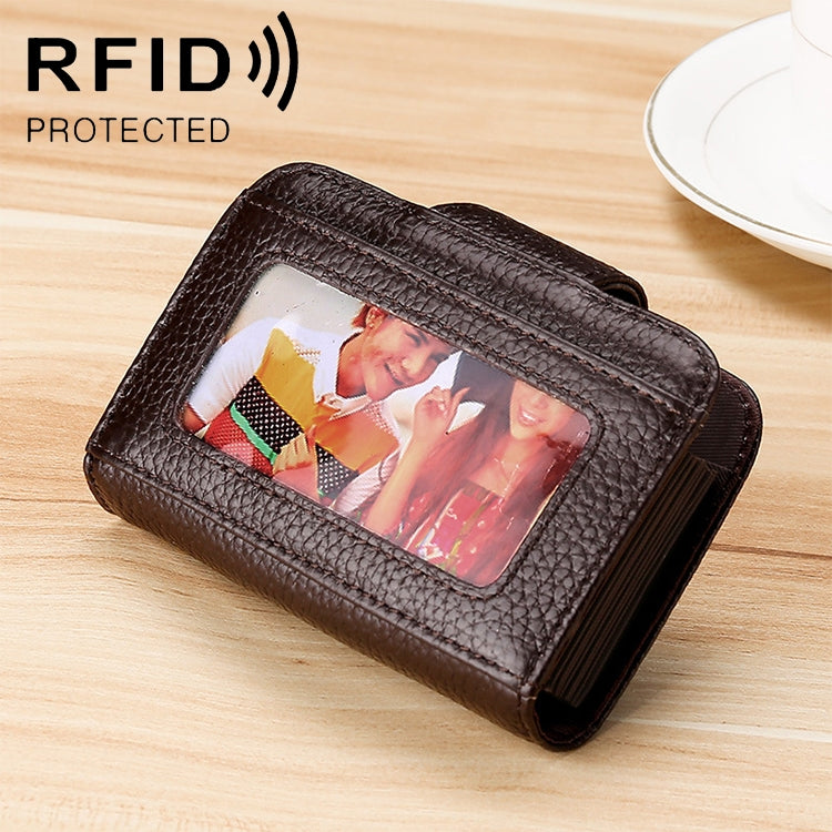 KB188 Horizontal Cowhide Leather Organ Shape Multiple Card Slots Anti-magnetic RFID Wallet for Ladies, with Transparent Window, KB188 Purple, KB188 Rose Red, KB188 Sapphire Blue, KB188 Black, KB188 Coffee