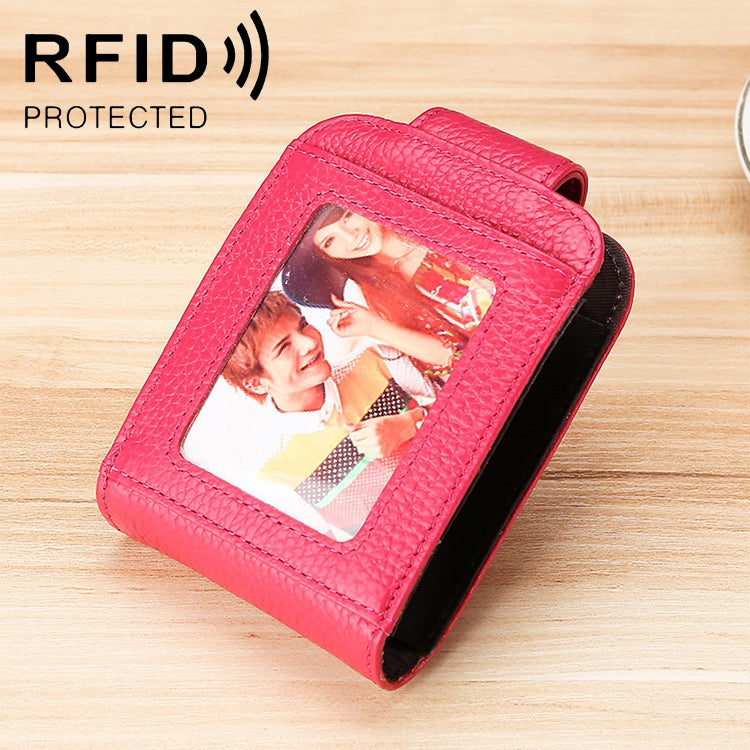 KB189 直立牛皮皮革器官形多卡槽防磁 RFID 女士錢包，帶透明窗，KB189 紫色，KB189 玫瑰紅，KB189 藍寶石藍，KB189 黑色