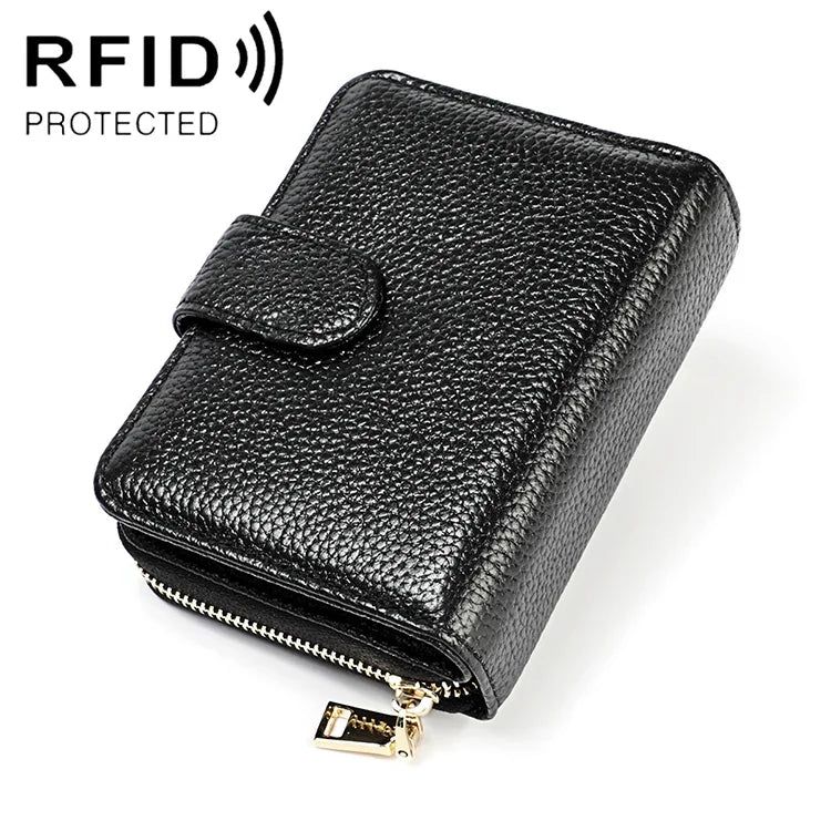 KB192 扣環拉鍊牛皮皮革多卡位防磁 RFID 男士錢包手拿包，KB192 黑色
