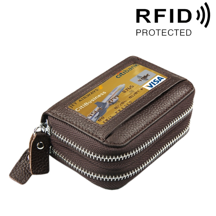 真牛皮雙層純色拉鍊卡片夾錢包，防 RFID 封鎖硬幣包卡包保護套，含 11 個卡槽及硬幣位，尺寸：11*7.5*4.5cm