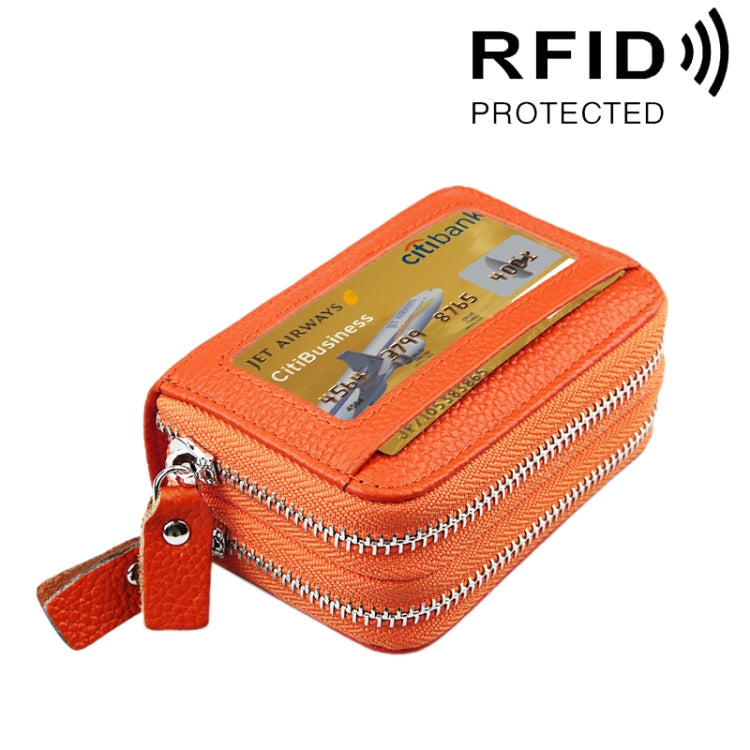 真牛皮雙層純色拉鍊卡片夾錢包，防 RFID 封鎖硬幣包卡包保護套，含 11 個卡槽及硬幣位，尺寸：11*7.5*4.5cm