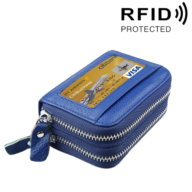 真牛皮雙層純色拉鍊卡片夾錢包，防 RFID 封鎖硬幣包卡包保護套，含 11 個卡槽及硬幣位，尺寸：11*7.5*4.5cm