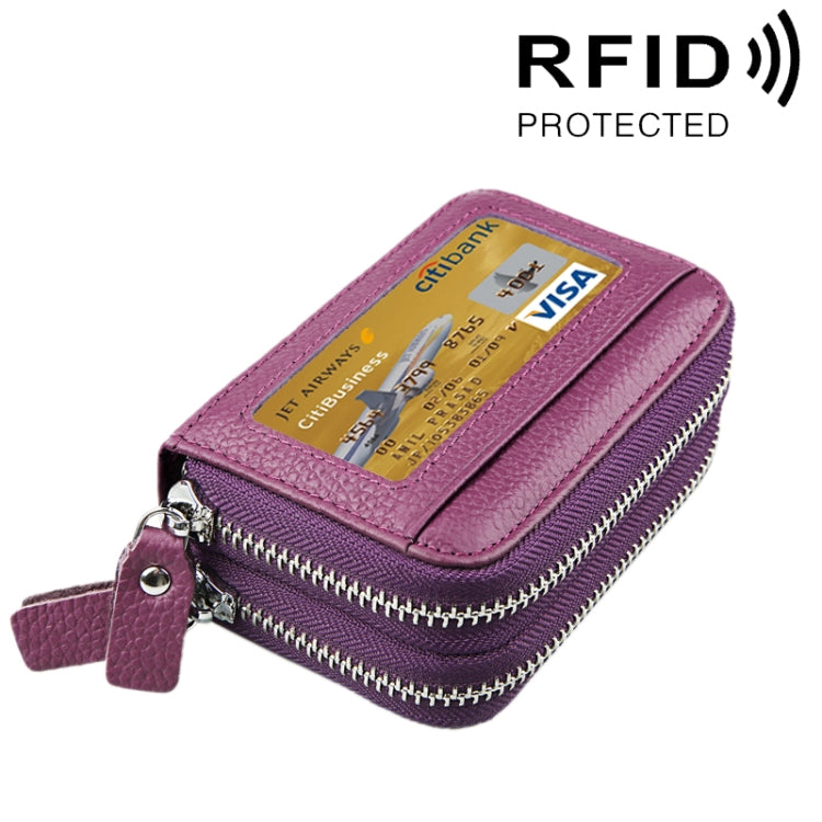 真牛皮雙層純色拉鍊卡片夾錢包，防 RFID 封鎖硬幣包卡包保護套，含 11 個卡槽及硬幣位，尺寸：11*7.5*4.5cm