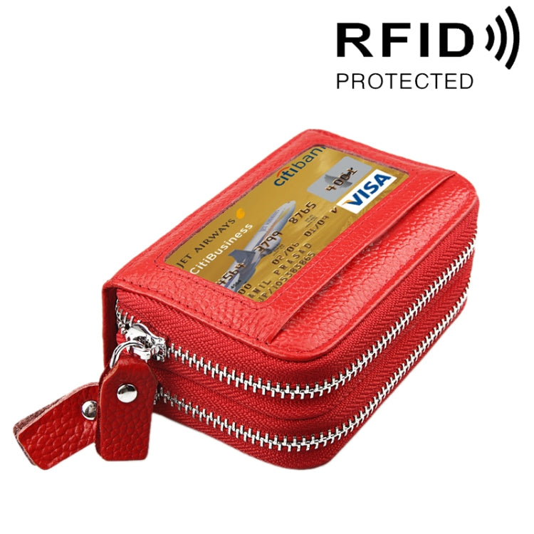 真牛皮雙層純色拉鍊卡片夾錢包，防 RFID 封鎖硬幣包卡包保護套，含 11 個卡槽及硬幣位，尺寸：11*7.5*4.5cm