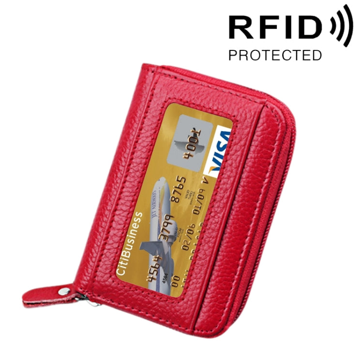 真牛皮純色拉鍊橫式卡片夾錢包 RFID 防盜刷卡包保護套，含 12 卡槽，尺寸：11.5*7.5cm