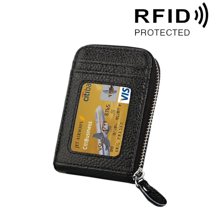 真牛皮純色拉鍊直式卡片夾錢包 RFID 防盜刷卡包保護套，含 12 卡槽，尺寸：11.5*7.5cm