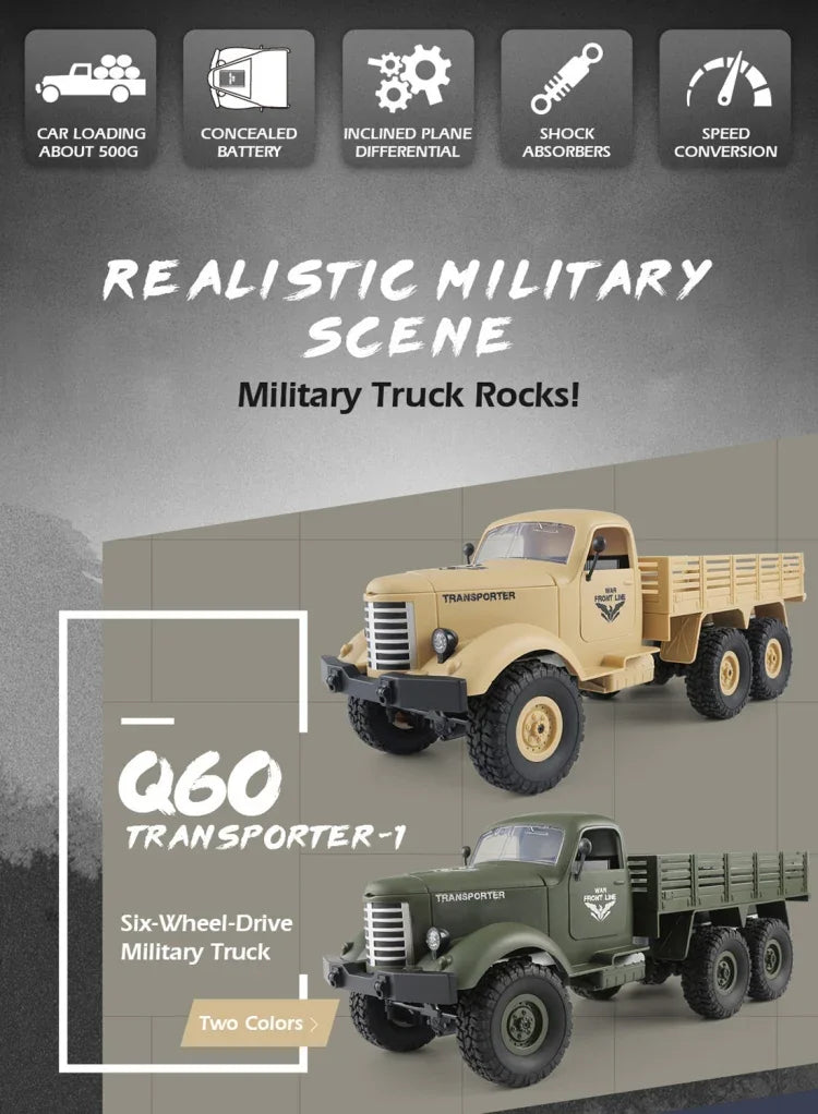 JJR/C Q60 Transporter-1 全身1:16迷你2.4GHz遙控6輪履帶越野軍用卡車玩具，Q60