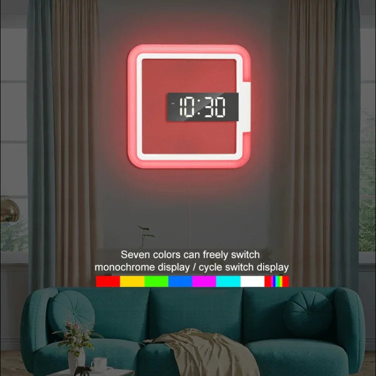 TS-S28-W 多功能方形 RGB 溫度計數位鬧鐘 LED 鏡面鏤空掛鐘，RGB 溫度計時鐘