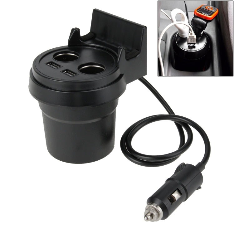 5V 1A+2.4A Two USB Ports & Two Car Cigarette Lighter Socket Car Charger with Holder Function, 5V 1A+2.4A