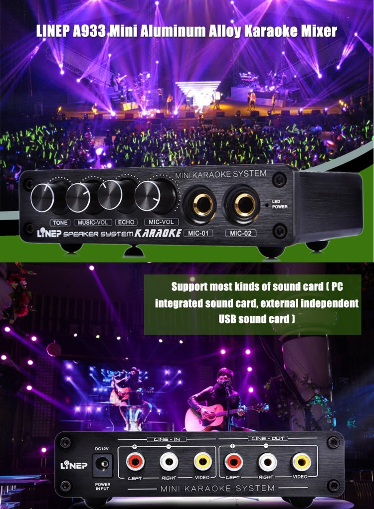 A933迷你卡拉OK機系統聲音混音放大器，適用於PC/電視/手機，支持RCA輸入/雙通道麥克風輸入，A933