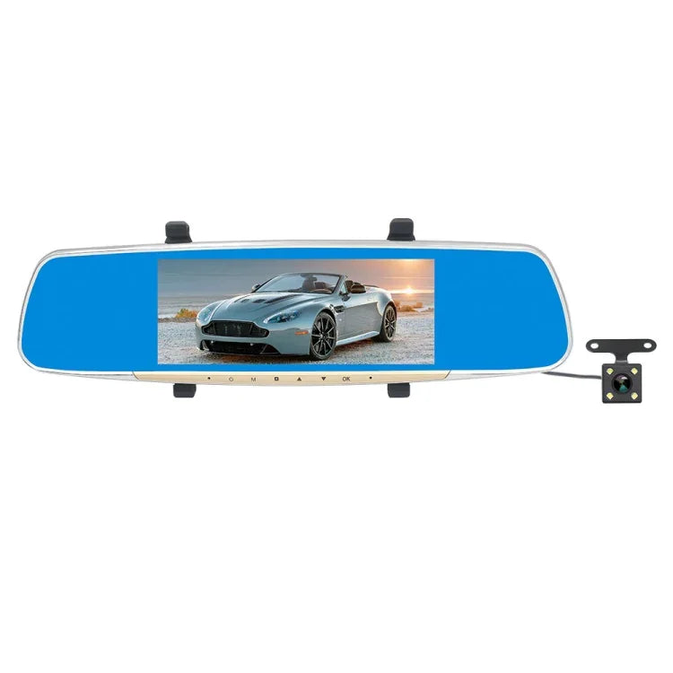 V100 7 吋 LCD 觸控螢幕後視鏡行車記錄器，配獨立鏡頭，170 度廣角視野，支援夜視／循環錄影／動態偵測／G 感應器／TF 卡，7 吋