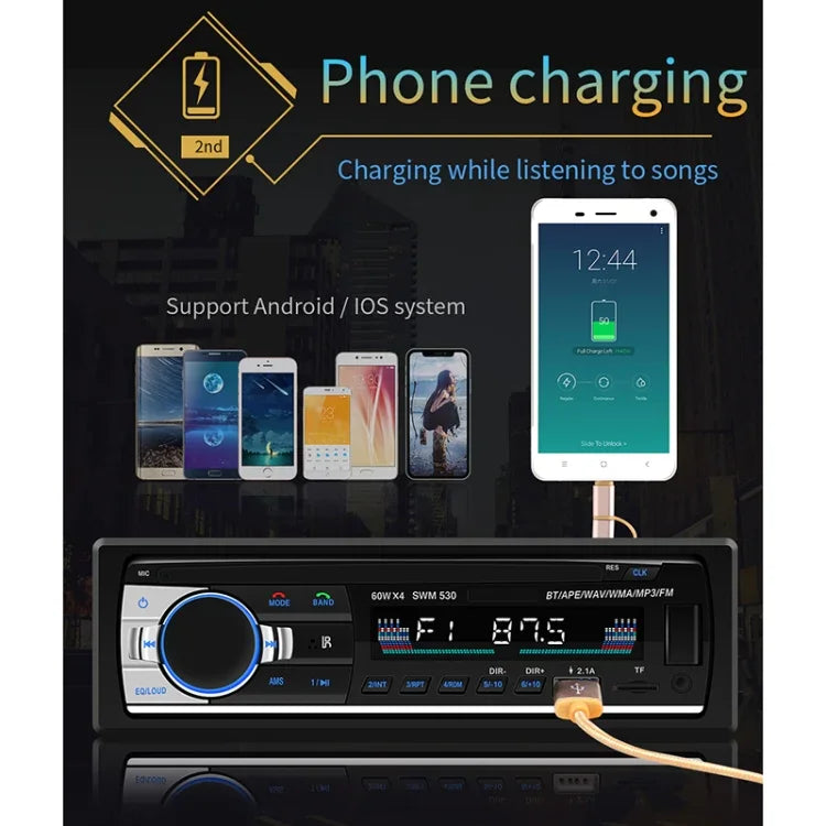 SWM-530 12V 通用車用雙USB充電器 收音機接收器 MP3播放器，支持FM和藍牙，帶遙控器，SWM-530