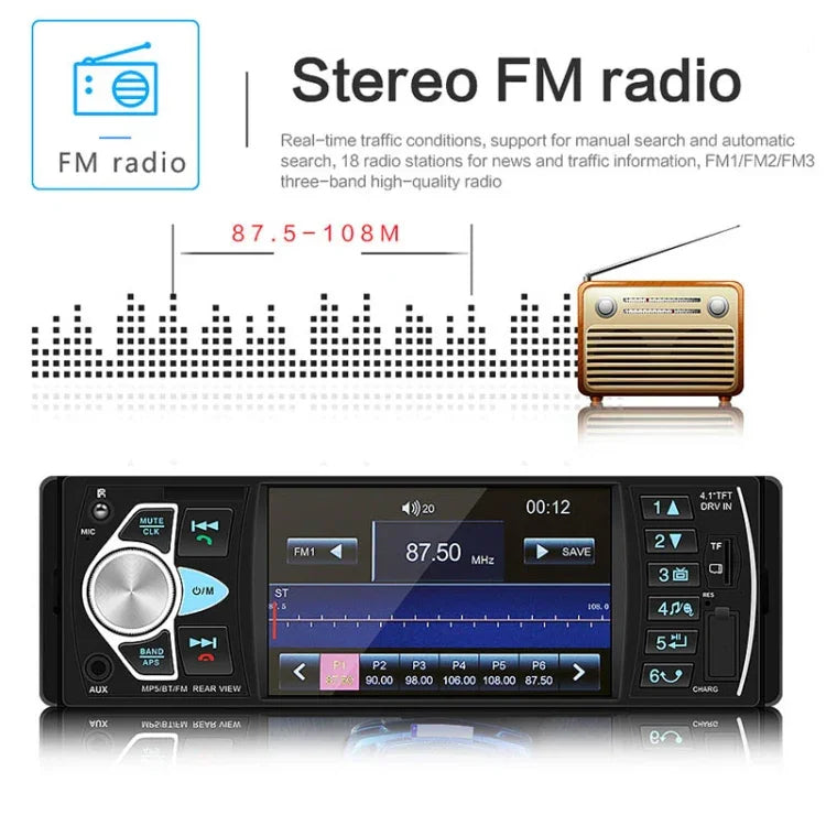 SWM-4022D 高清4.1英寸 12V 通用車用收音機接收器 MP5播放器，支持FM、藍牙和TF卡，帶遙控器，SWM-4022D