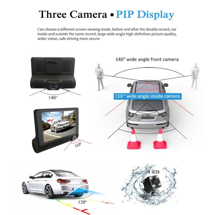 4.0 inch IPS Screen 5.0 Mega Pixels 170 Degrees Wide Angle Full HD 1080P 3 Channels Video Car DVR, Support Night Vision Fill Light / Reversing Visual / TF Card(32GB Max) / G-sensor / Motion Detection, 170 Degrees