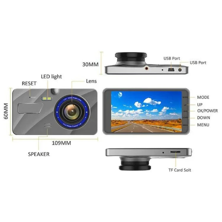 X96 4 吋 2.5D 全高清 1080P 多功能智慧車用雙鏡頭錄影相機支援 TF 卡 / 動態偵測，X96