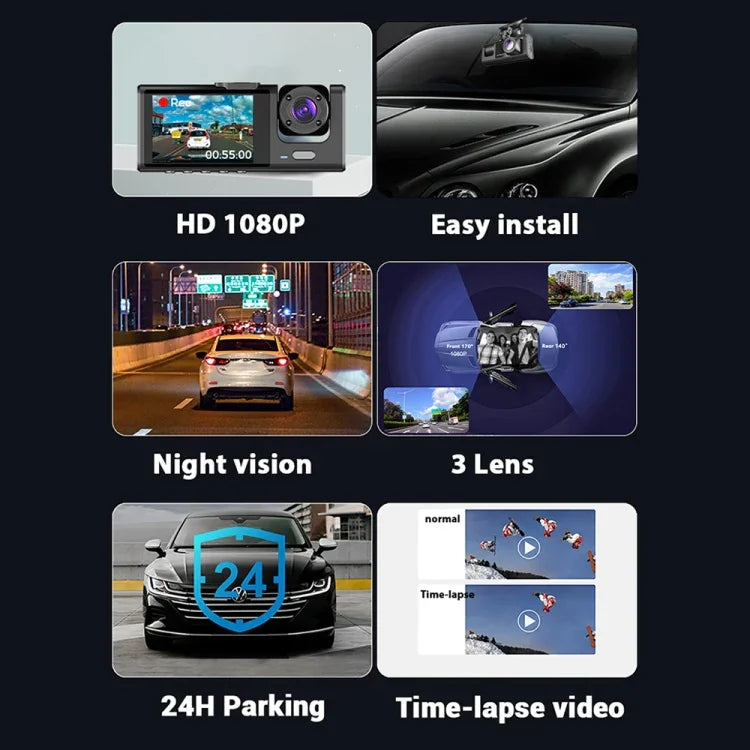 A1 三鏡頭視頻高清夜視車用行車記錄器，附後視鏡頭，A1