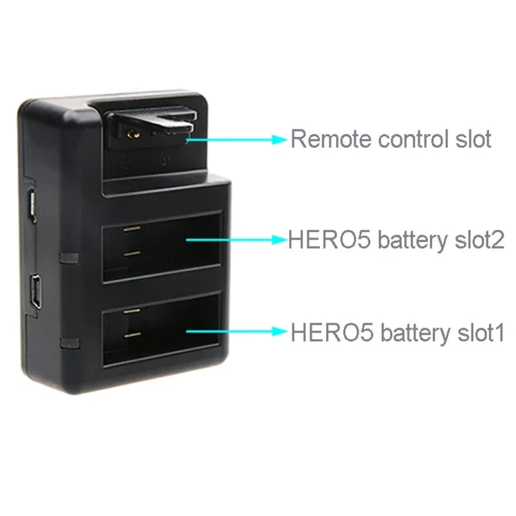 雙電池充電器 + 遙控器充電器，附 USB 線，適用於 GoPro HERO7 Black /6 /5 (AHDBT-501)，不含電池，電池+遙控器充電器