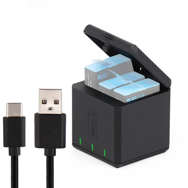 RUIGPRO USB 三電池充電盒，附線材與指示燈，適用 GoPro HERO9 Black / HERO10 Black
