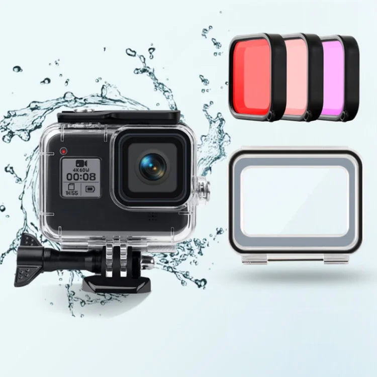 GoPro HERO8 Black 45米防水殼 + 觸控背蓋 + 紫紅粉鏡頭濾鏡，GoPro8 防水殼 + 觸控背蓋 + 三色濾鏡