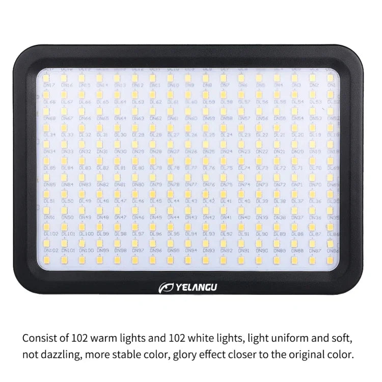 YELANGU YLG0504B 204 顆 LED 1000 流明 3300-5600K 無極性可調光攝影棚燈，適用 Canon、Nikon、DSLR 相機，204 顆 LED
