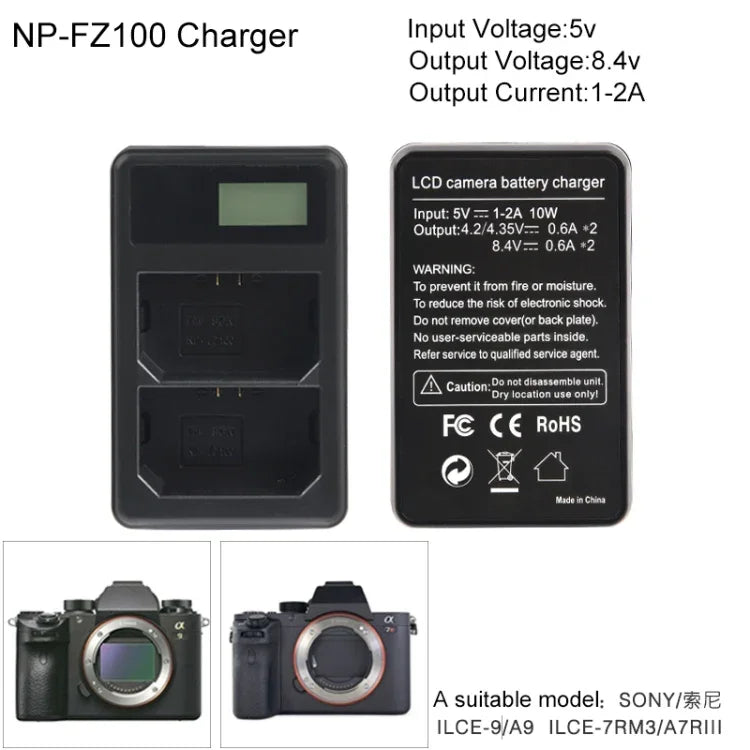 雙通道數位 LCD 顯示電池充電器，帶 USB 埠，適用於 Sony NP-FZ100 電池，兼容 Sony A9 (ILCE-9)，雙 NP-FZ100 電池