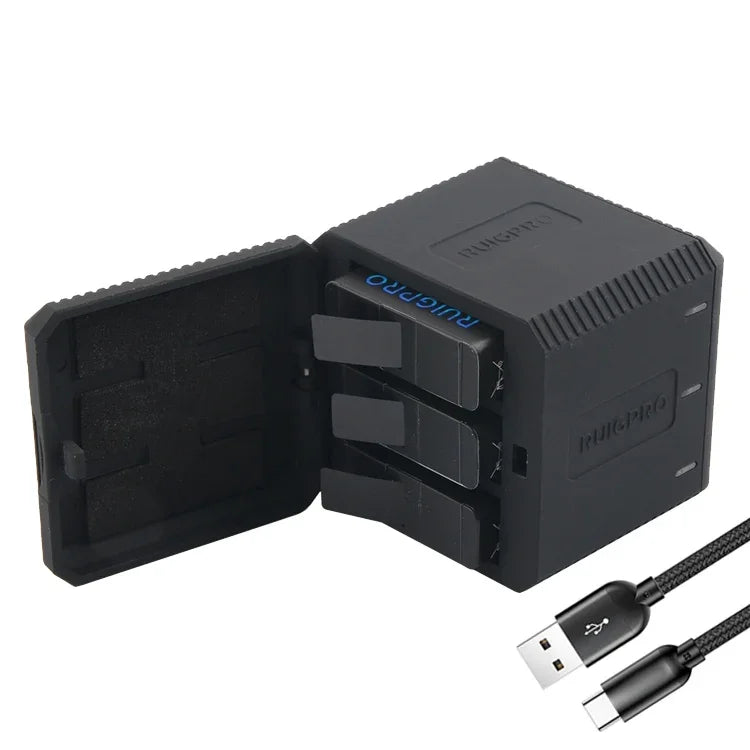 RUIGPRO USB 三電池充電盒，附 USB 線與 LED 指示燈 適用於 GoPro HERO6 /5