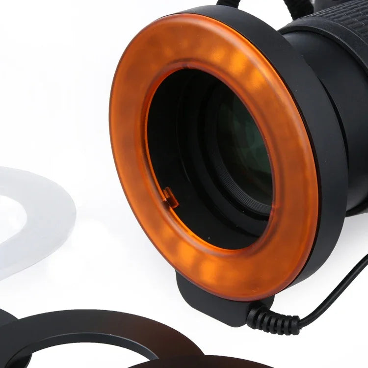 圓形 LED 補光燈，48 顆 LED 燈與 6 個轉接環（49mm/52mm/55mm/58mm/62mm/67mm），適用微距鏡頭
